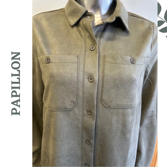 Papillon Shirt Dress Long Sleeve Button Front Faux Suede Microfiber Green Sz XS - Picture 5 of 8